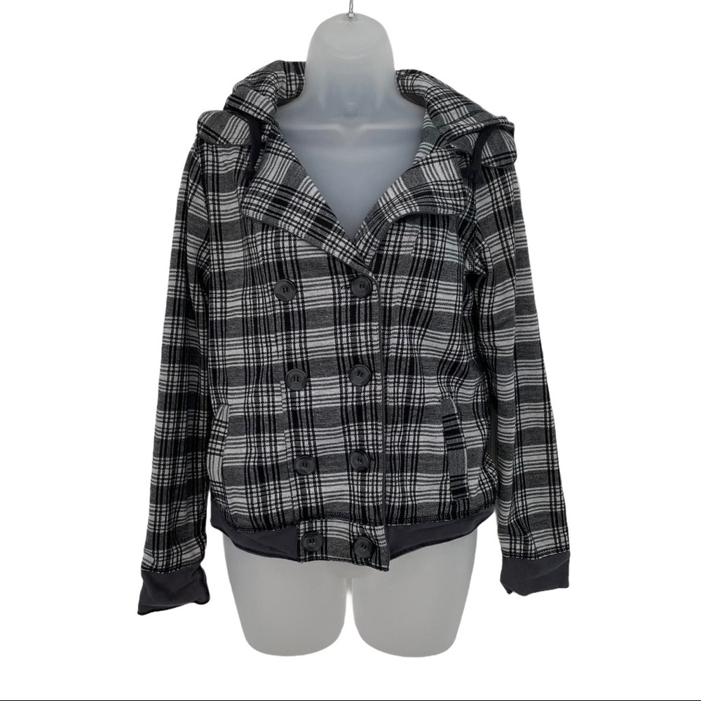 Y2K Chor Gray Black Plaid Jacket Hoodie Button Peacoat grunge goth